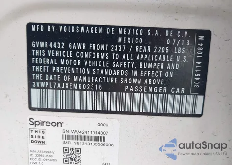 2014 Volkswagen Jetta Sportwagen 2.0L Tdi z USA, uszkodzony, nr VIN 3VWPL7AJXEM602315